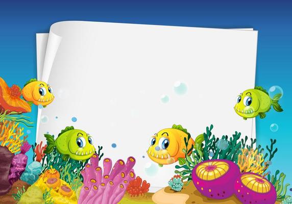 Blank paper banner with exotic fish and undersea nature elements on the underwater background