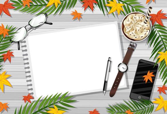 Top view of wooden table with office objects and leaves element