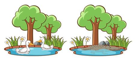 Set of wild animals in the park with pond and tree vector