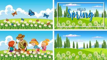 Four background scenes with children and animals in the park vector