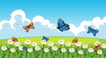 Nature scene background with butterflies flying in garden vector