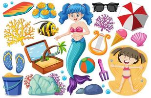 conjunto de estilo de dibujos animados de icono de sirena y verano sobre fondo blanco vector