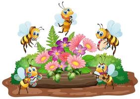 Escena de jardín con muchas abejas volando sobre fondo blanco. vector