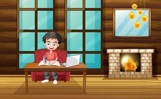 Scene with boy working on homework at home vector