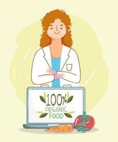 Dietitian doctor with laptop and fresh, healthy food vector