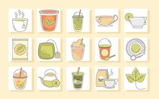 Tea time square icon set vector