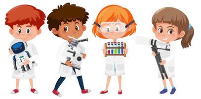 Conjunto de niños en batas de laboratorio científico sosteniendo objetos científicos vector