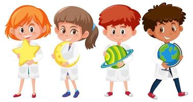 Set of kids in scientist lab coats holding planets vector