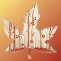 Maple leaf shape paper cut design with forest scene vector