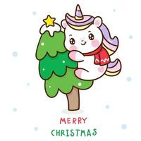 Cute unicorn hugging Christmas tree vector