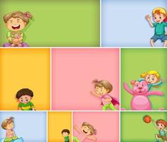 Set of different kid characters on different color backgrounds vector