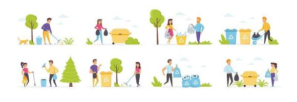 Garbage collection set with people characters vector