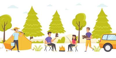 Group of friends spend time at forest campsite vector