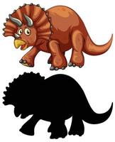 Set of dinosaur cartoon character and its silhouette vector