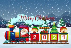 Merry Christmas font with Santa and elves on train vector