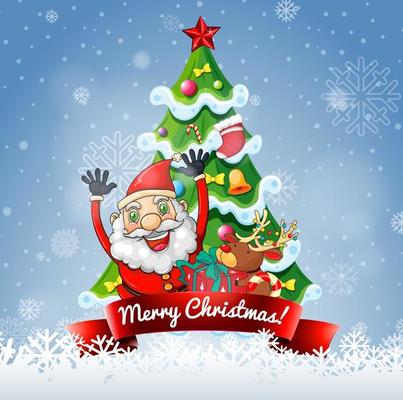 Merry Christmas banner with Santa Claus and cute reindeer