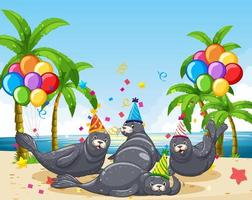 Seal group in party theme on beach vector