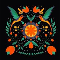 Folk art Scandinavian colourful pattern with flowers and birds vector
