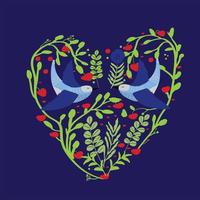 Folk art lovebird flying in heart twig pattern vector