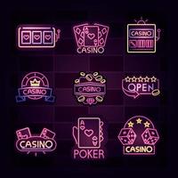 Casino neon light sign set vector