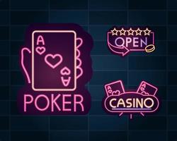 Casino neon light sign set vector