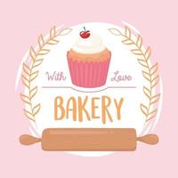 cupcake de panadería y composición de emblema de rodillo vector