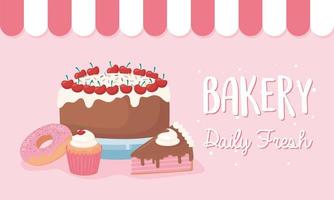 Bakery daily fresh cake, donut, and cupcake banner vector