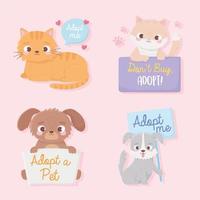 Pet adoption with cute animals and adoption signs vector