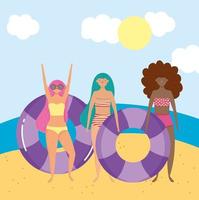 mujeres en la playa haciendo actividades de verano. vector