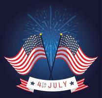 4th of July celebration banner with fireworks and flags vector