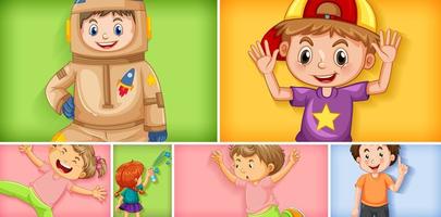 Conjunto de diferentes personajes infantiles sobre fondo de color diferente vector