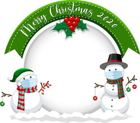 Blank circle banner with Merry Christmas 2020 and snowman wear mask