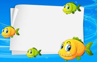 Banner de papel en blanco con muchos peces lindos y en el fondo submarino vector