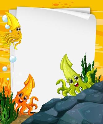 Blank paper template with many squids cartoon character in the underwater scene