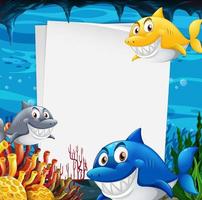 Plantilla de papel en blanco con muchos personajes de dibujos animados de tiburones en la escena submarina vector