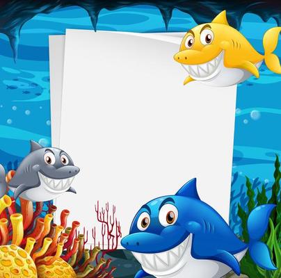 Blank paper template with many sharks cartoon character in the underwater scene