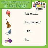 Write the missing letter of each word worksheet for children vector