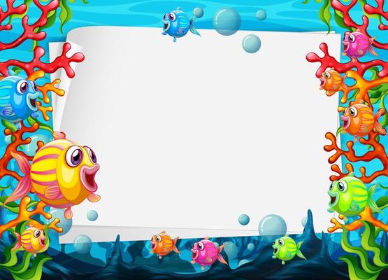 Blank paper template with colorful exotic fishes cartoon character in the underwater scene