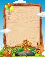 Blank wooden board template with bears in party theme on forest background vector