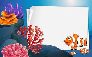 Banner de papel en blanco con peces payaso y elementos de la naturaleza submarina en el fondo submarino vector