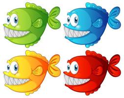 Conjunto de personaje de dibujos animados de peces exóticos de diferentes colores sobre fondo blanco. vector