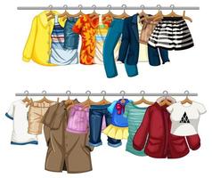 Many clothes hanging on a line on white background vector