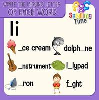 Fill the missing letter of each word worksheet for children vector