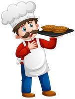 Chef holding tray of pie on white background vector