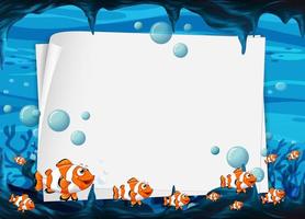 Blank paper template with exotic fishes cartoon character in the underwater scene vector