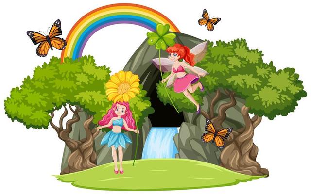 Fairy tales with waterfall cave and rainbow isolated on white background