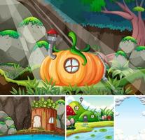 Four different scene of fantasy world with fantasy places and blank sky with some clouds vector