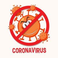detener la señal de prohitbit de coronavirus con personaje de dibujos animados de coronavirus vector