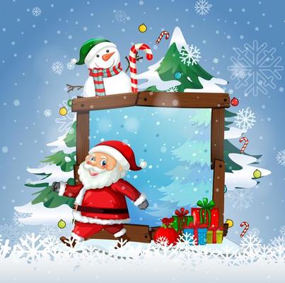 Blank wooden frame with Santa Claus and cute snowman on white background