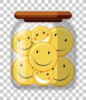 Muchos iconos amarillos felices en un frasco aislado sobre fondo transparente vector